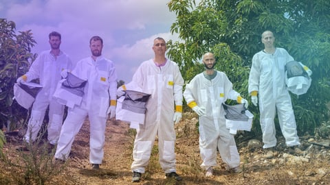 A picture of 5 men in beekeeper suits